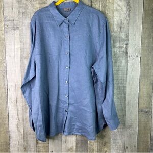 J. Jill Linen Blue XL Button Front Long Sleeve Button Cuff W/Collar Shirt